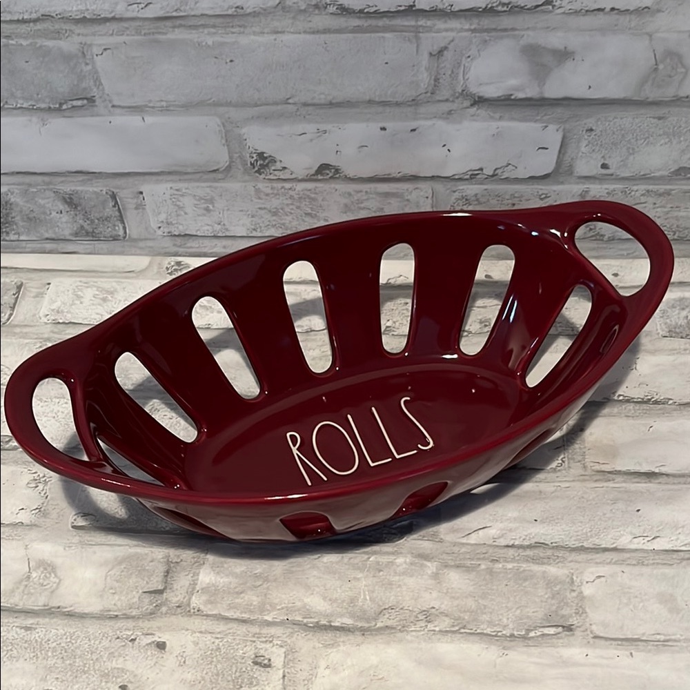 Rae Dunn burgundy Ceramic Bread Basket “ROLLS” in white